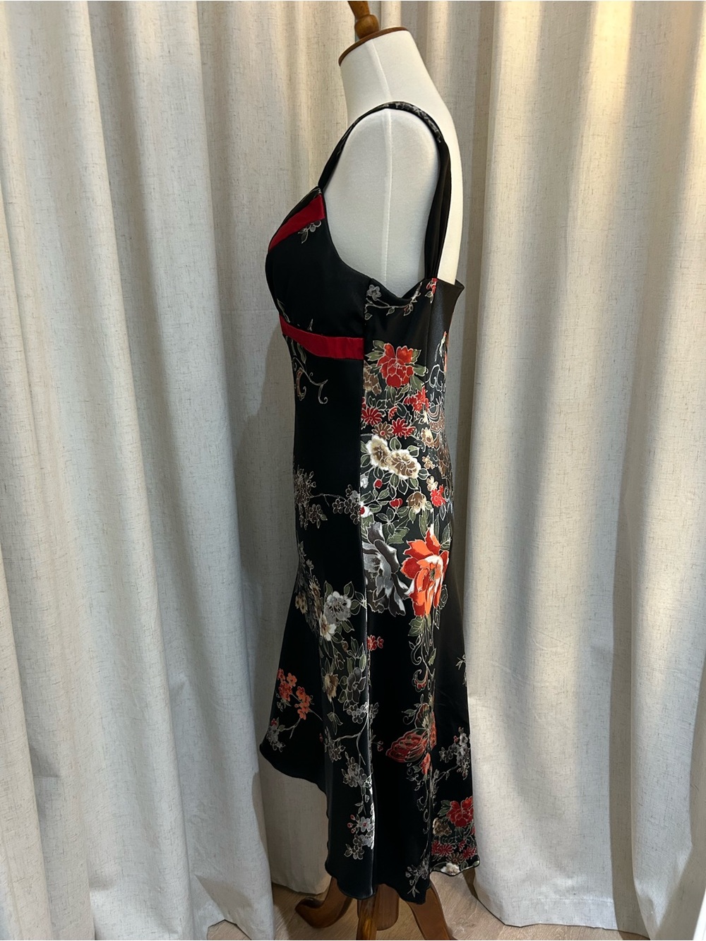 Vtg Y2K A. Byer Floral Butterfly Black Satin Empire Waist Midi Dress Size 11 - Picture 3 of 10